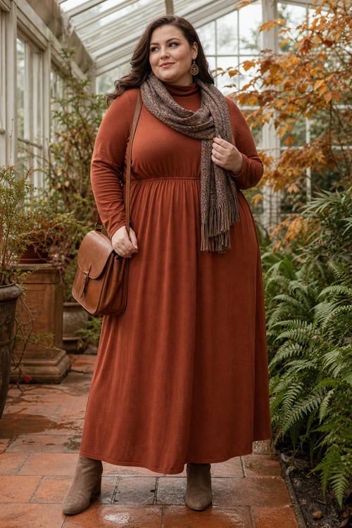 Rust Dress with Scarf and Boots A rust-colored long-sleeve dress styled with a taupe patterned scarf, brown shoulder bag, and ankle boots.