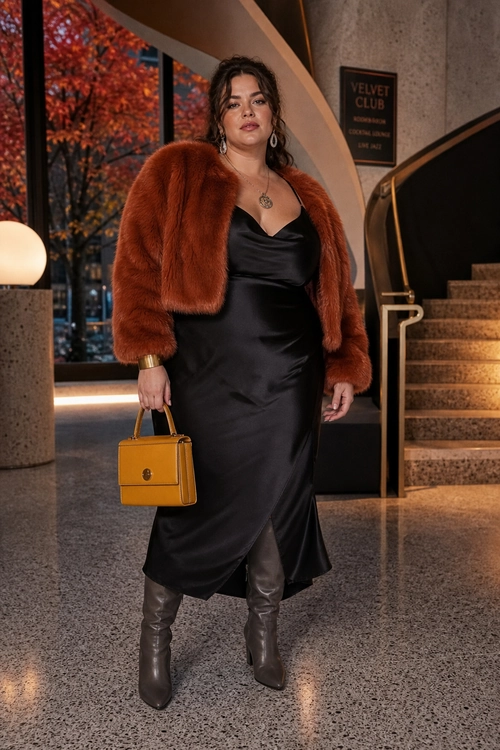 A woman wears a rust-colored fur jacket over a black satin midi dress with tall gray-brown boots and a mustard structured handbag.
