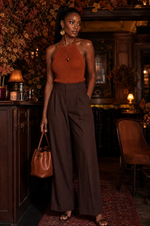 Rust Halter and Wide-Leg Trousers A rust ribbed halter top styled with dark brown high-waisted wide-leg trousers, a brown leather handbag, gold earrings, and open-toe sandals.