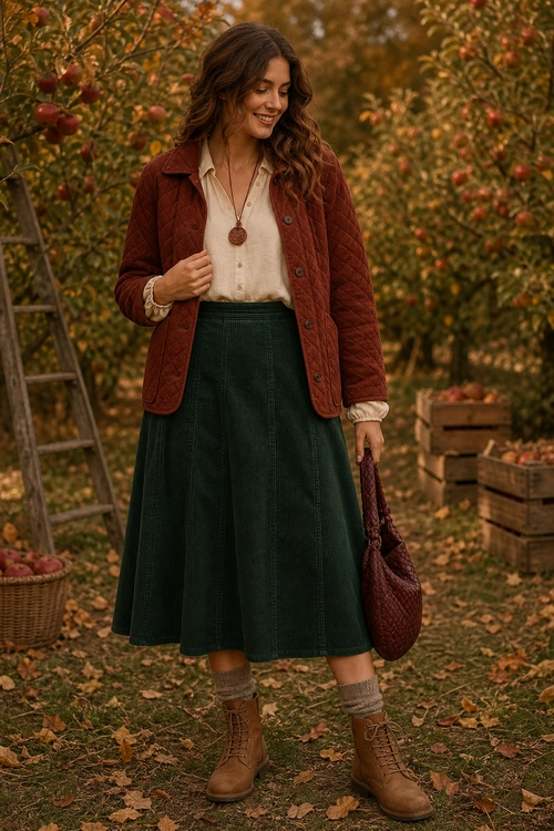 Rust Jacket and Green Midi Skirt Outfit Woman wearing a rust quilted jacket, cream blouse, dark green midi skirt, brown lace-up boots, and burgundy handbag outdoors in an orchard.