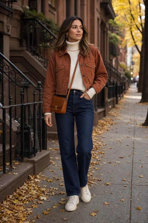 Woman wearing a rust brown jacket over a white turtleneck sweater with dark blue jeans, white sneakers, and a brown crossbody bag on a tree-lined sidewalk.