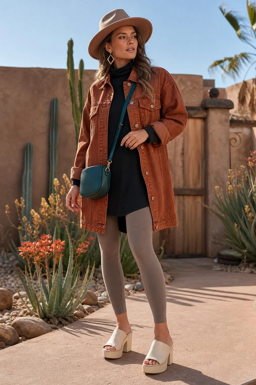 A woman wears a rust-brown jacket over a black top with taupe leggings, cream platform mules, a brown hat, and a teal crossbody bag.