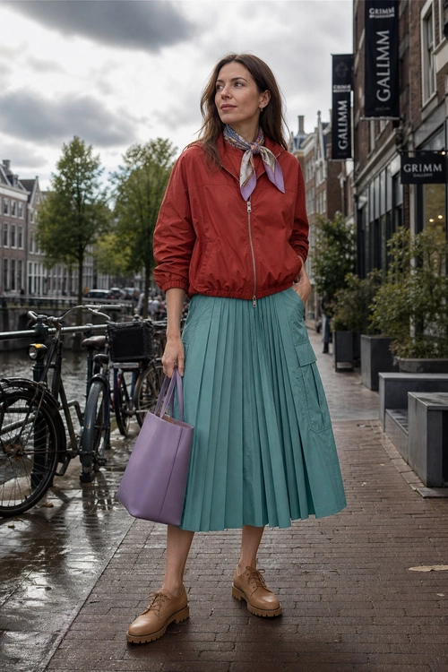 Woman wearing a rust red zip jacket, patterned neck scarf, teal pleated midi skirt, tan lace-up shoes, and a lavender tote bag.