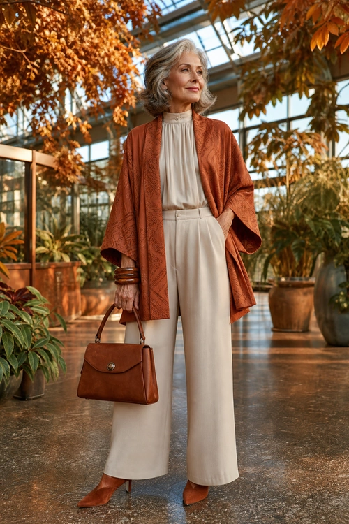 Rust Kimono Jacket and Ivory Trousers A woman wears a rust patterned kimono-style jacket over an ivory high-neck blouse and wide-leg trousers, styled with pointed-toe shoes, a brown handbag, and stacked bracelets.