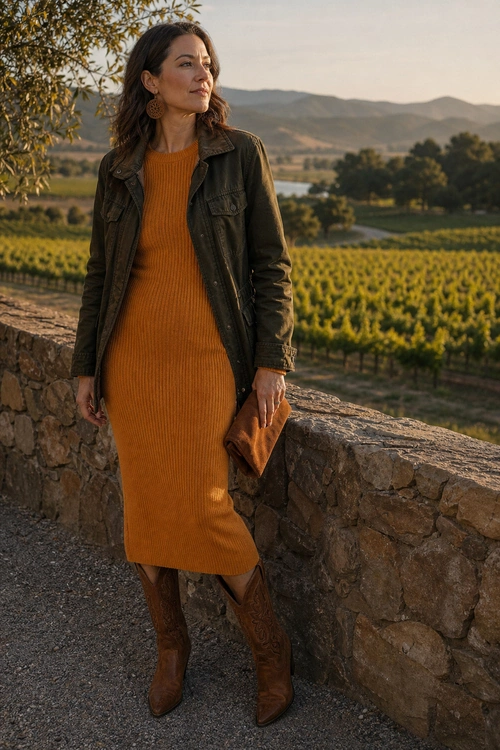 A woman wears a rust-orange ribbed midi dress with a dark leather jacket, brown tall boots, and a matching clutch.
