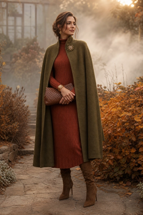 Rust Knit Dress with Olive Cape A woman wears a rust ribbed knit dress with an olive cape, brown boots, and a quilted clutch outdoors.