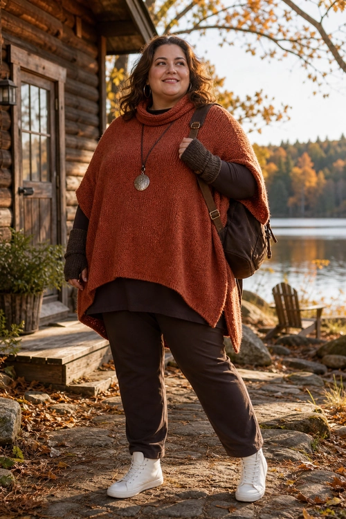 Rust Knit Poncho Outfit A woman wears a rust-colored knit poncho over a dark top with brown pants and white high-top sneakers beside a lakeside cabin.