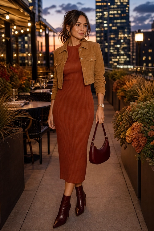 Rust Midi Dress with Cropped Jacket A woman wears a rust ribbed midi dress with a cropped tan jacket, burgundy handbag, and pointed ankle boots.