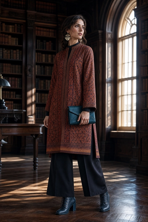 Rust Patterned Tunic and Wide-Leg Trousers A woman wears a rust-patterned long tunic with black wide-leg trousers, black ankle boots, and a teal clutch.