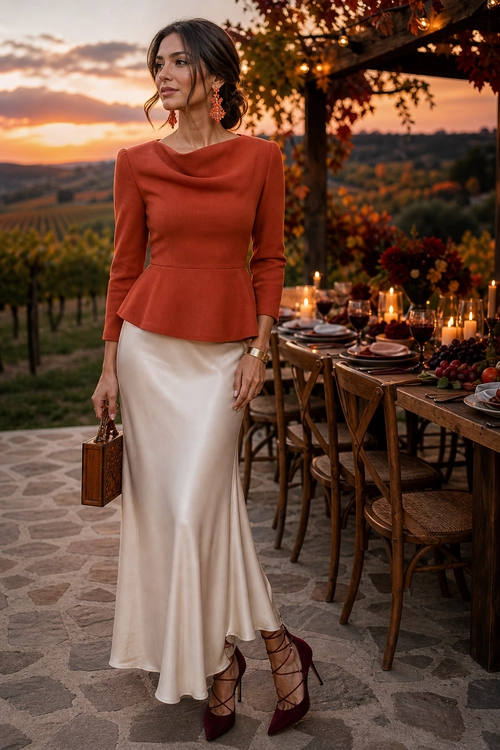 Rust Peplum Top and Satin Maxi Skirt A woman wears a rust long-sleeve peplum top with an ivory satin maxi skirt, burgundy strappy heels, earrings, a watch, and a structured brown handbag.