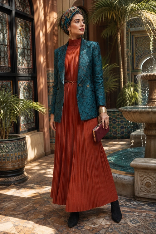 Rust Pleated Dress with Teal Blazer Woman wearing a rust pleated maxi dress with a teal patterned blazer, patterned headwrap, burgundy clutch, and black ankle boots.