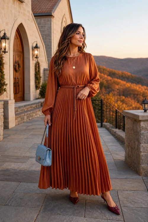 Rust Pleated Maxi Dress Outfit A woman wears a rust-colored long-sleeve pleated maxi dress with a waist belt, burgundy pointed heels, and a light blue handbag.