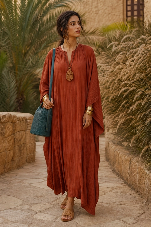 Rust Pleated Maxi Dress Outfit Woman wearing a rust pleated maxi dress with a pendant necklace, metallic bangles, teal shoulder bag, and tan sandals.