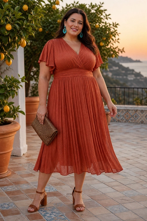 A woman wears a rust-colored pleated midi dress with flutter sleeves, turquoise earrings, a woven clutch, and brown block-heel sandals.