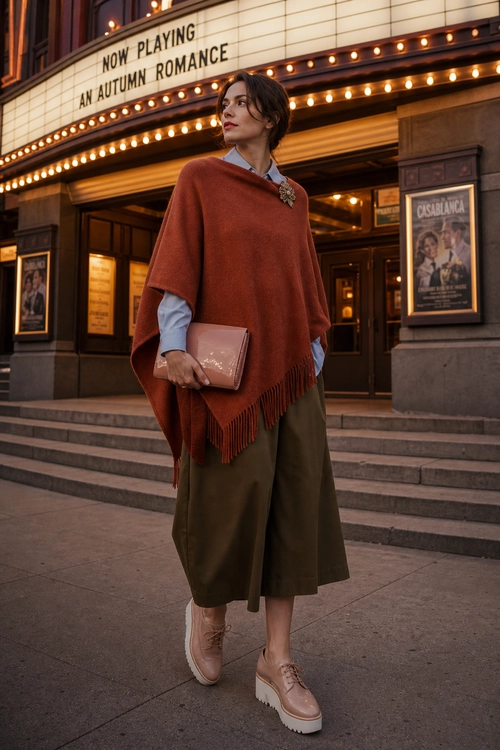 A fashion look featuring a rust fringed poncho over a light blue collared shirt, olive culottes, a blush clutch, and blush platform lace-up shoes.