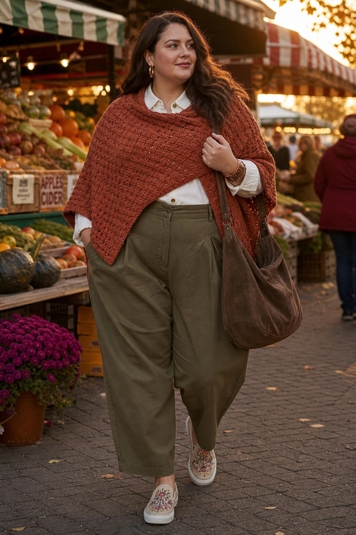 A woman wears a rust textured poncho over a white collared shirt with olive cropped trousers, floral slip-on shoes, and a brown shoulder bag.
