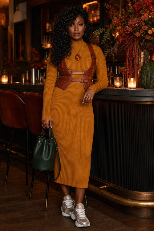 Rust Ribbed Dress with Leather Corset Belt A rust ribbed midi dress styled with a brown leather corset belt, pendant necklace, dark green handbag, and gray-and-white sneakers.