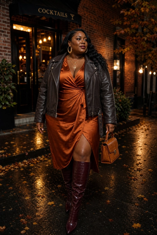 A woman wears a rust satin wrap dress with a dark brown leather jacket, burgundy tall boots, and a brown handbag.
