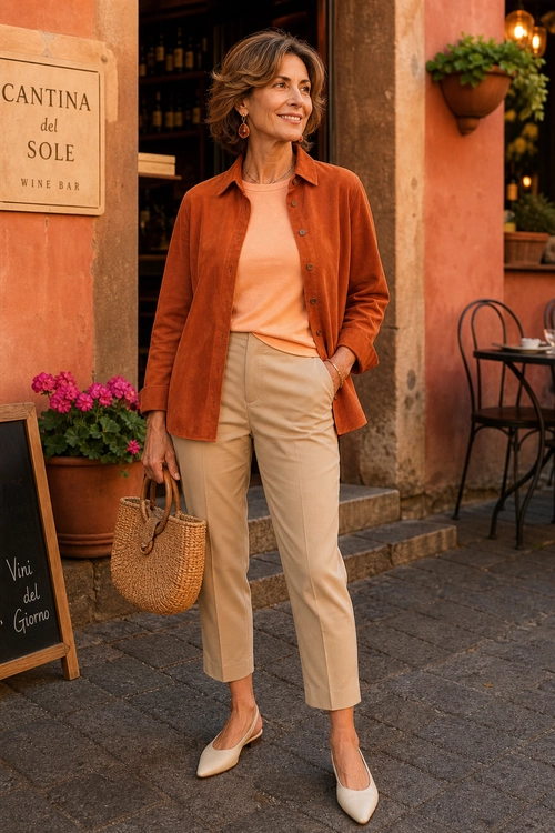 Rust Shirt and Beige Trousers Outfit Woman wearing a rust button-front shirt over a peach top with beige cropped trousers, cream pointed flats, and a woven handbag.