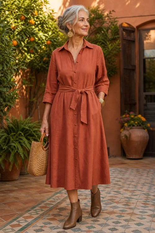 Rust Shirt Dress with Ankle Boots A woman wears a rust-colored belted shirt dress with brown ankle boots and carries a woven handbag.