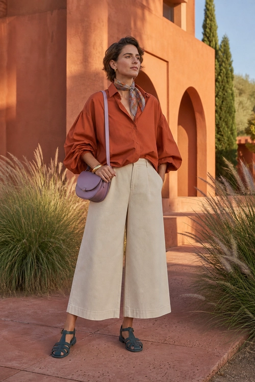 Rust Shirt and Wide-Leg Trousers A rust button-up shirt with a patterned neck scarf, cream cropped wide-leg trousers, dark strappy sandals, and a lilac shoulder bag.