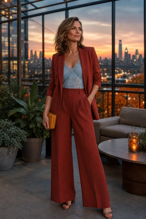 A woman wears a rust-colored blazer and wide-leg trousers with a light blue lace camisole, open-toe sandals, and a small orange clutch.
