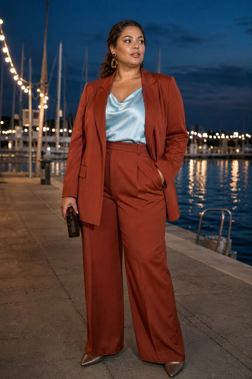 A woman wears a rust blazer and wide-leg trousers with a light blue satin top and pointed metallic heels.