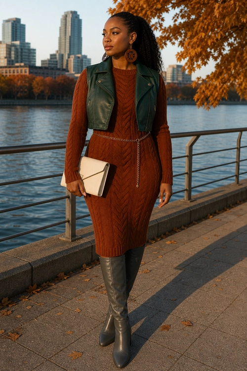 A woman wears a rust cable-knit sweater dress with a cropped dark green leather vest, chain belt, cream clutch, and tall dark boots.
