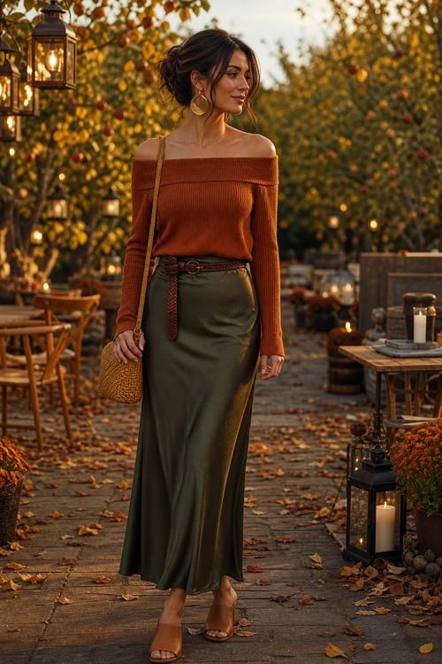A woman wears a rust off-shoulder ribbed sweater with a long olive skirt, braided belt, woven shoulder bag, hoop earrings, and heeled sandals.