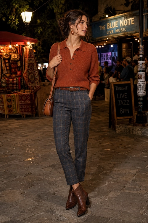 A rust ribbed long-sleeve top is styled with gray plaid trousers, a brown belt, brown ankle boots, and a small shoulder bag.