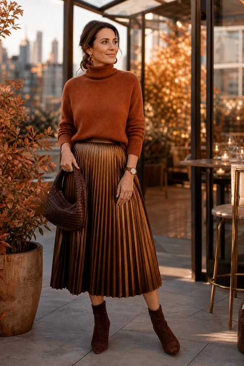 Rust Sweater and Pleated Skirt Outfit A woman wears a rust turtleneck sweater with a brown pleated midi skirt, dark brown ankle boots, and a textured handbag.