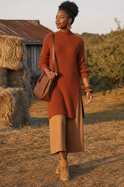 Rust Sweater and Wide-Leg Trousers A woman wears a rust ribbed sweater tunic with tan wide-leg trousers, ankle boots, a woven shoulder bag, hoop earrings, and stacked bracelets.