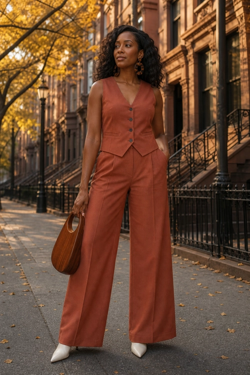 Rust Tailored Vest and Wide-Leg Trousers A woman wears a rust sleeveless button-front vest with matching wide-leg trousers, white pointed shoes, earrings, and a brown wooden handbag on a tree-lined city street.