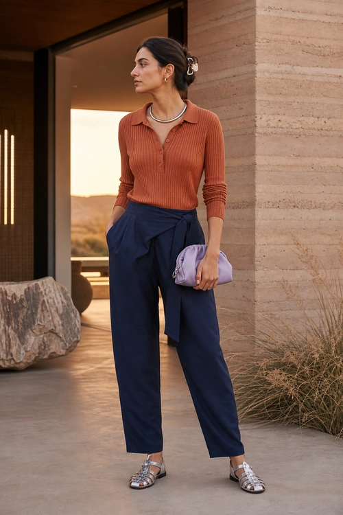 Rust Top and Navy Trousers Outfit A woman wears a rust ribbed button-front top with navy wide-leg trousers, metallic flat sandals, and a lavender clutch.