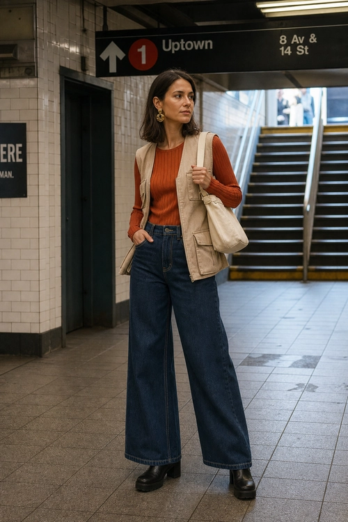 A woman wears a rust ribbed top, beige utility vest, dark wide-leg jeans, black boots, and a cream shoulder bag in a subway station.