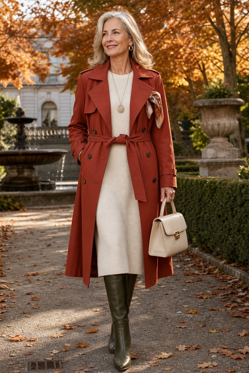 Rust Trench Coat with Cream Dress A woman wears a rust belted trench coat over a cream knit dress with olive knee-high boots and a cream handbag.
