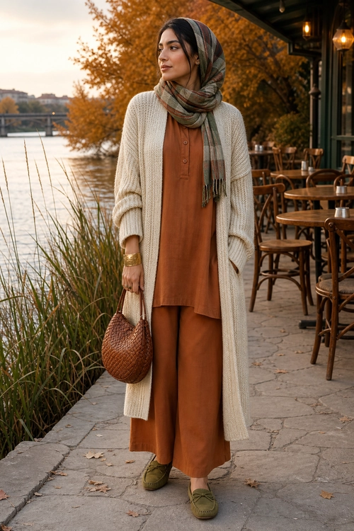 Rust Trousers with Long Cream Cardigan A rust-colored tunic and wide-leg trousers are layered with a long cream cardigan, plaid scarf, woven brown bag, and olive loafers.