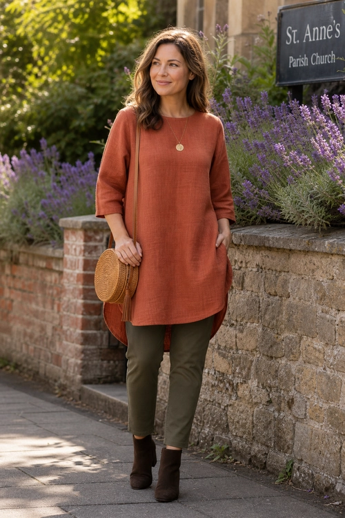 Rust Tunic and Olive Pants Outfit A woman wears a rust-colored long-sleeve tunic with olive pants, brown ankle boots, a round woven crossbody bag, and a pendant necklace.