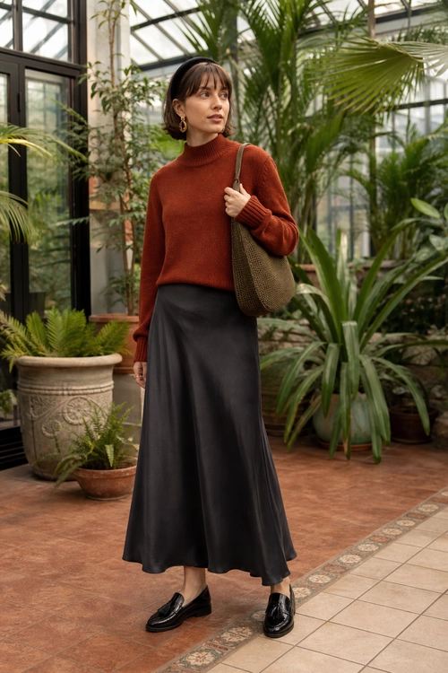 A woman wears a rust turtleneck sweater with a black midi skirt, black loafers, hoop earrings, and a brown shoulder bag.