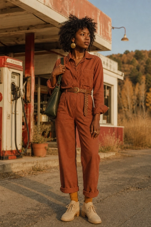 A rust-colored long-sleeve utility jumpsuit styled with a woven belt, green shoulder bag, mustard socks, and beige ankle boots.