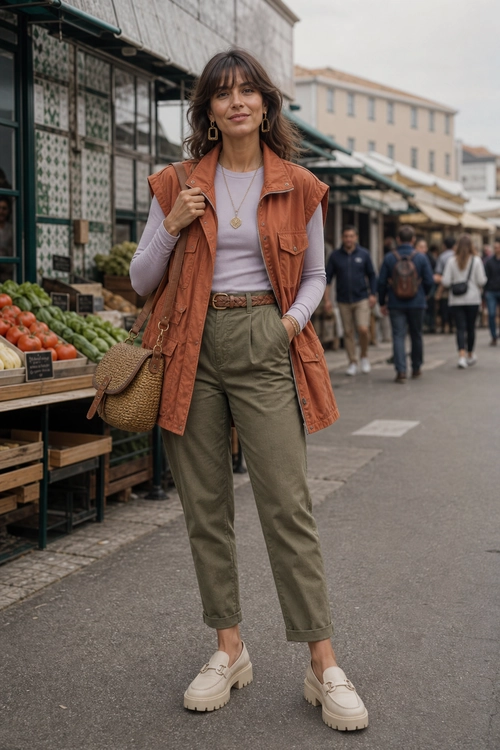 A woman wears a rust sleeveless utility vest over a lavender long-sleeve top with olive trousers, cream platform loafers, and a woven shoulder bag.
