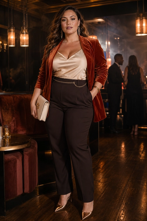 A woman wears a rust velvet blazer over a champagne satin camisole with dark tailored trousers, metallic pointed heels, and a light clutch.