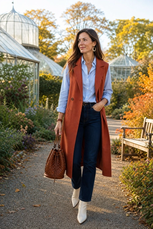 A woman wears a rust-colored long sleeveless vest over a light blue button-up shirt with dark jeans, white ankle boots, and a brown handbag.
