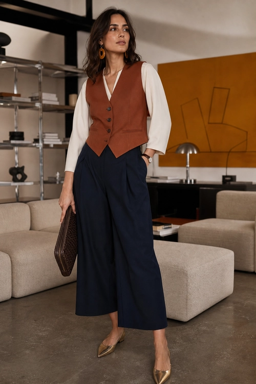 Rust Vest and Navy Wide-Leg Trousers A tailored rust button-front vest layered over a cream blouse with navy wide-leg trousers, metallic pointed shoes, and a woven clutch.