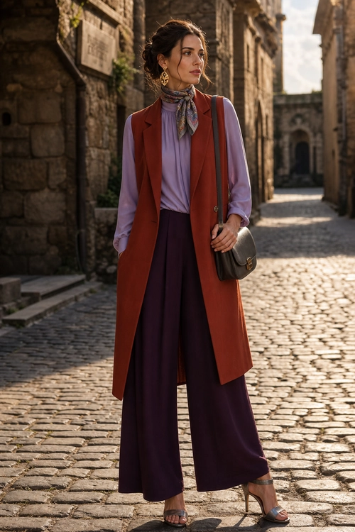 Rust Vest and Plum Trousers Outfit A woman wears a rust long vest over a lavender blouse with a neck scarf, wide-leg plum trousers, heeled sandals, and a shoulder bag.