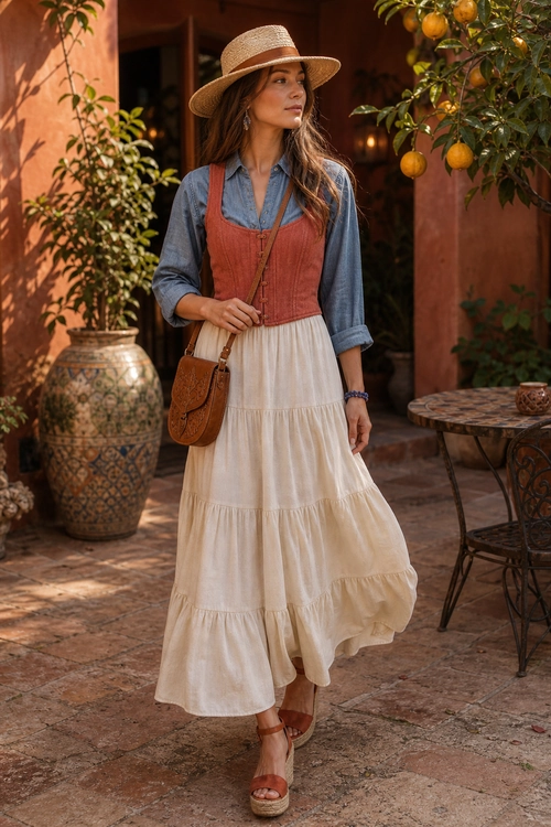 Rust Vest and Tiered Skirt Outfit A woman wears a rust vest over a blue shirt with a cream tiered skirt, straw hat, brown crossbody bag, and wedge sandals.