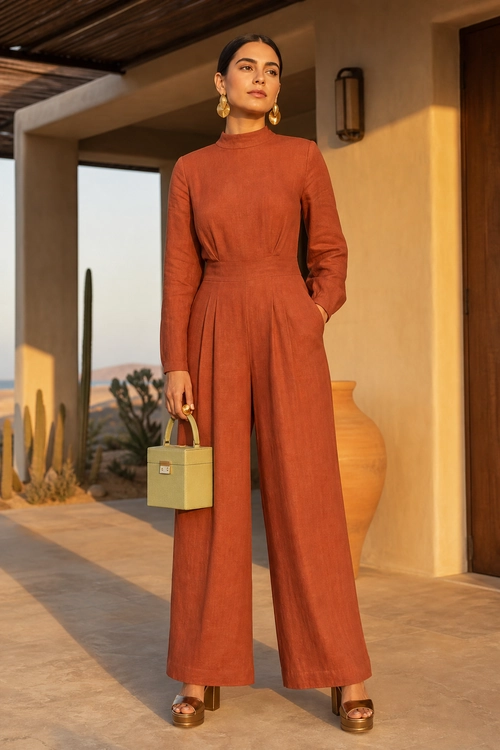 Rust Wide-Leg Jumpsuit Outfit A woman wears a rust long-sleeve wide-leg jumpsuit with gold earrings, platform sandals, and a structured olive handbag.