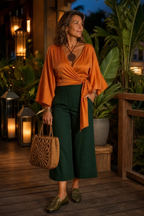 A woman wears a rust-orange wrap blouse with wide sleeves, dark green cropped wide-leg pants, olive loafers, and a woven brown tote bag.