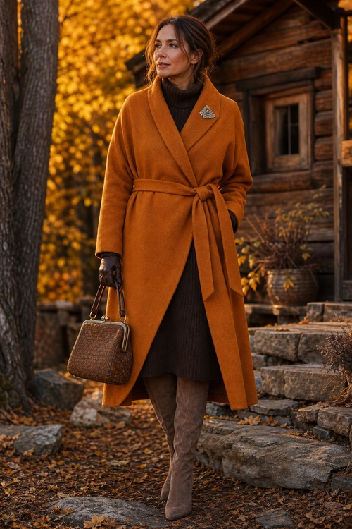 Rust Wrap Coat Autumn Outfit A woman wears a rust-colored belted wrap coat over a dark ribbed dress with suede over-the-knee boots, leather gloves, and a structured handbag.