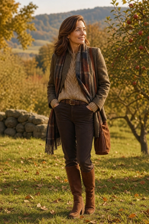 Rustic Autumn Layered Outfit Woman wearing a brown outer layer, cable-knit sweater, plaid scarf, dark trousers, tall brown boots, and a shoulder bag outdoors in an autumn setting.